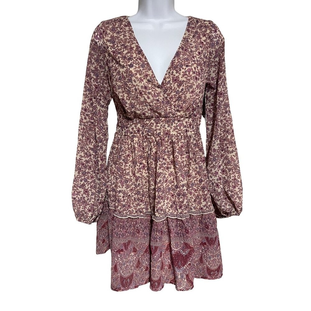 Japna Pink Floral Faux Wrap Surplice Long Sleeve Chiffon Mini Dress Womens XS